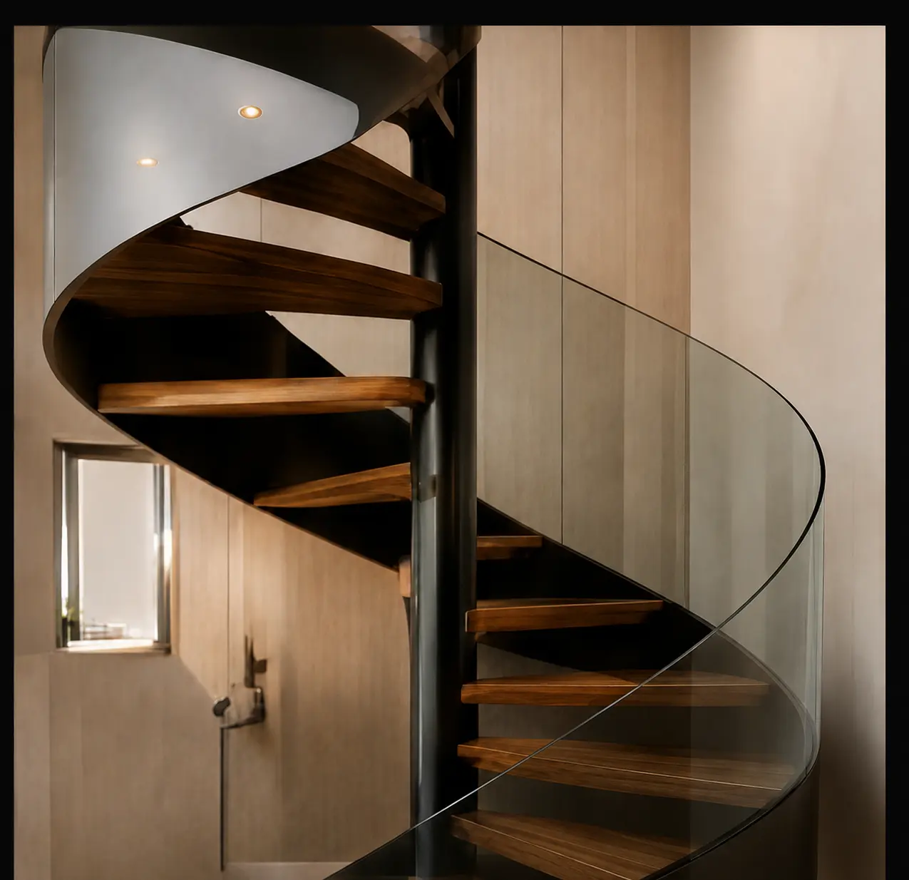 Visualización MANI HELIX con barandilla curva de cristal integrada desde los peldaños