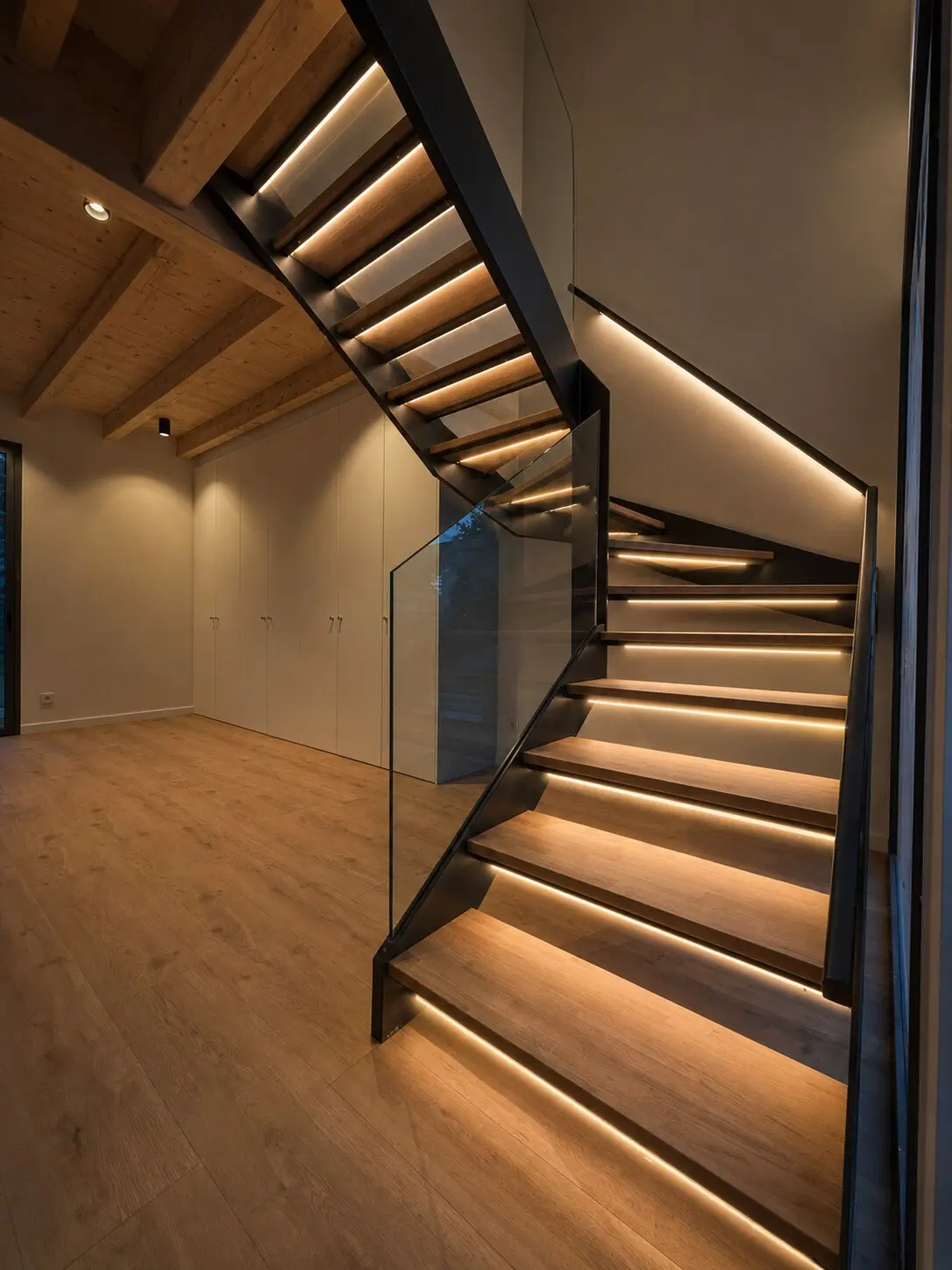 Visualización MANI LIGHT con iluminación cálida bajo cada peldaño y LED continuo integrado en el pasamanos